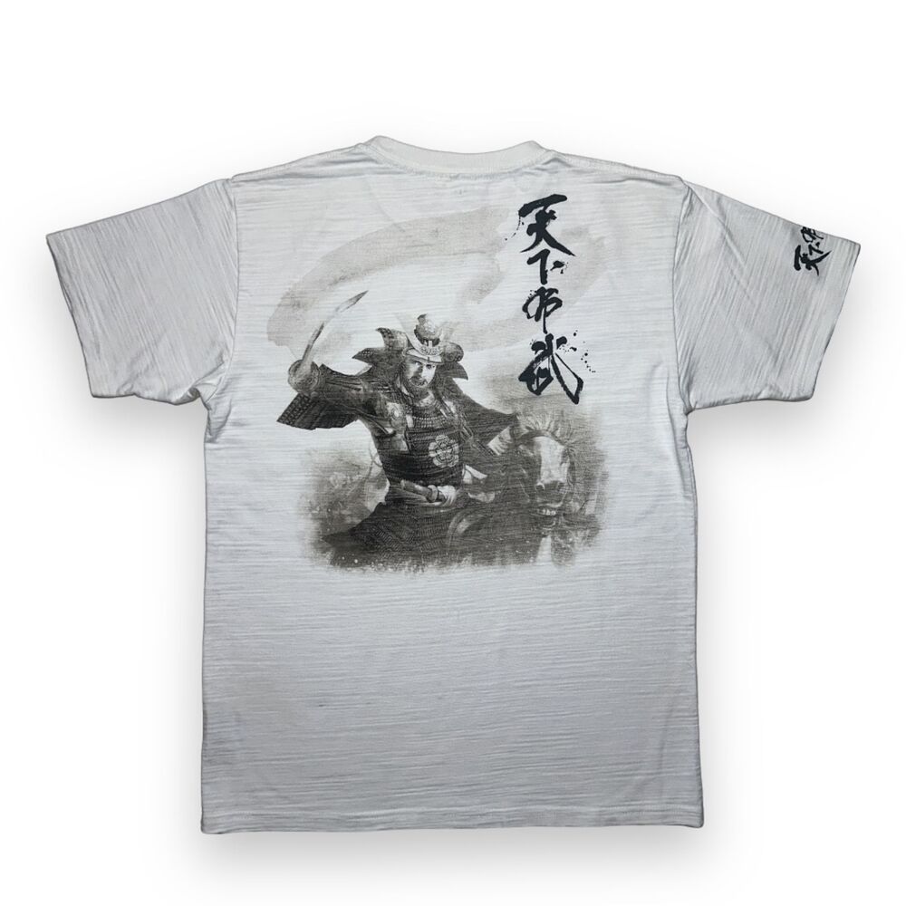 Japanese Novelty T-Shirt Gold Oda Clan Crest, Samarai on Horse Back White Sz L
